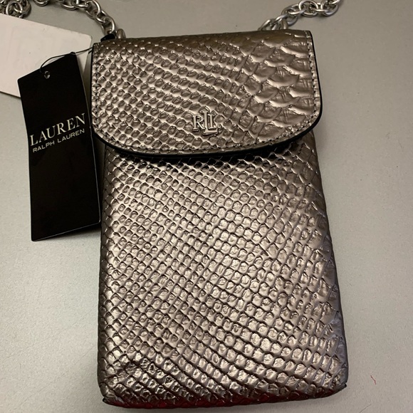 Ralph Lauren Embossed Leather Phone crossbody bag/case chain strap Silver - Picture 6 of 7